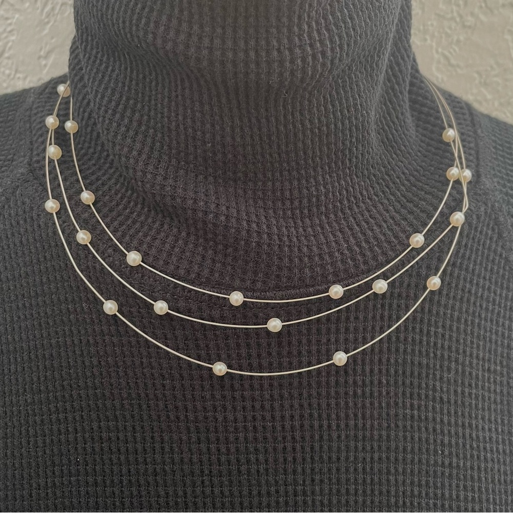 Vintage Multi Strand Floating Pearl Illusion Necklace Freshwater Cultured Pearl